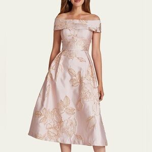 RICKIE FREEMAN TERI JON NWT pink Gold
Off-Shoulder Pleated Jacquard Midi Dress 4